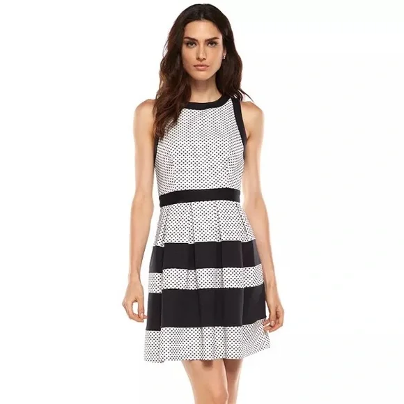 ELLE Dress Striped Geo Jacquard Fit & Flare Sleeveless Black White Size 10 - Picture 1 of 7